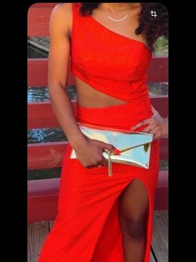 Red One-Shoulder Cutout Evening Gown with High Slit